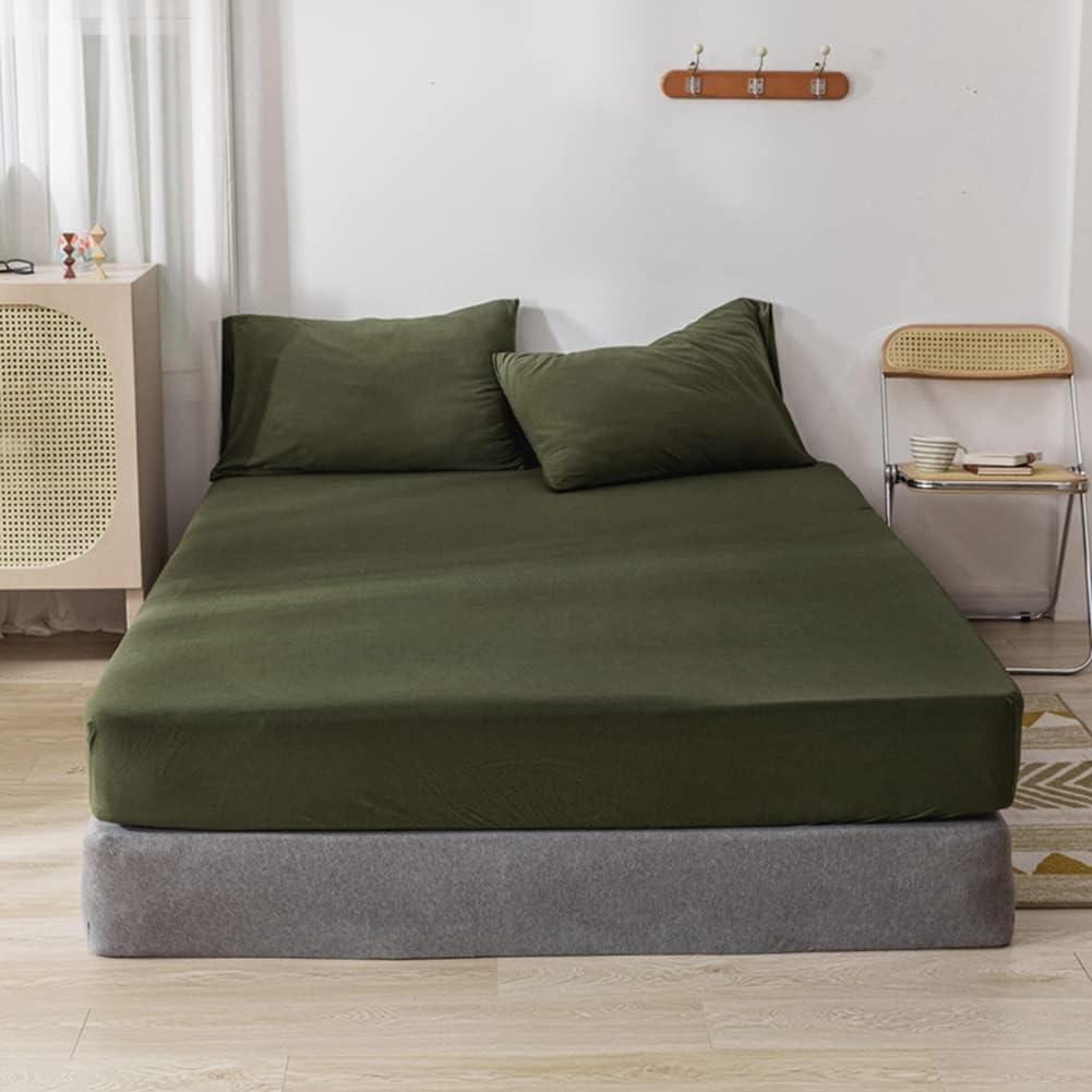 Jersey Knit Cotton Fitted Sheet 3 Piece - Ultra Soft, Wrinkle Free and Breathable, 15 Inches Deep Pocket Elastic Sheets with 2 Pillowcases, Solid Olive Green Queen