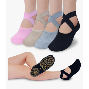 RATIVE X-Cross Straps Anti Slip Non Skid Barre Yoga Pilates Hospital Socks with grips for Mens Womens L