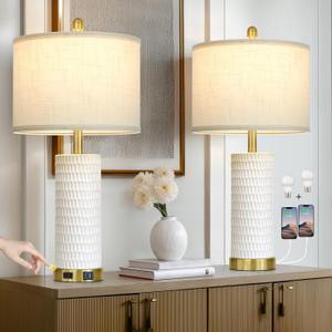 27" White Ceramic Lamps for Living Room, 3-Way Dimmable Touch Ceramic Table Lamp Set of 2 for BedroomRustic Farmhouse Bedside Lamp with USB A+C & Outlets, Elegant Bedroom Lamp for Nightstand
