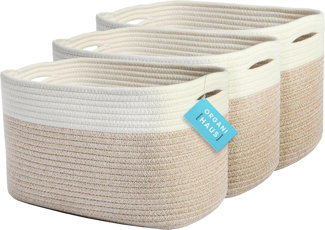 OrganiHaus Rope Baskets for Shelves - Set of 3 Woven Storage Baskets for Organizing, Closet & Toy Storage - Light Honey/Off-White - 15x9x10