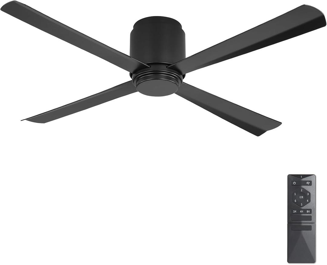 WINGBO 54 Inch Wet-Rated Ceiling Fan without Light, 4 ABS Blades, 6-Speed Quiet DC Motor, Waterproof Flush Mount Ceiling Fan for Porch, Gazebo, Patio, Outdoor & Indoor, Matte Black