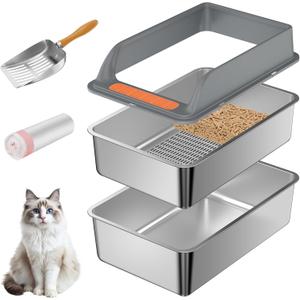Stainless Steel Sifting Litter Box with Lid, Large Sifting Cat Litter Box for Pine Pellets & Big Cats,Metal Pellet Sifter Litter Pan System for Odor Control,Sifting Box Liners & Scoop (L:19.7''13.8''10'')