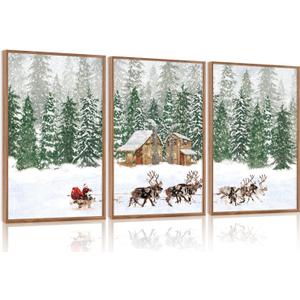 CHDITB Santa Claus Reindeer Sleigh Framed Canvas Wall Art(12"x16"), 3 Panels Christmas Winter Holiday Artwork Prints, Large Rustic Xmas Gift Snow Scene Forest Landscape Decor for Home Office Bedroom