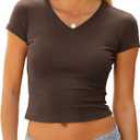 2 x Women's Basic V Neck Short Sleeve T Shirts Summer Cute Baby Tee Slim Fit Cotton Tops (Brown, L)