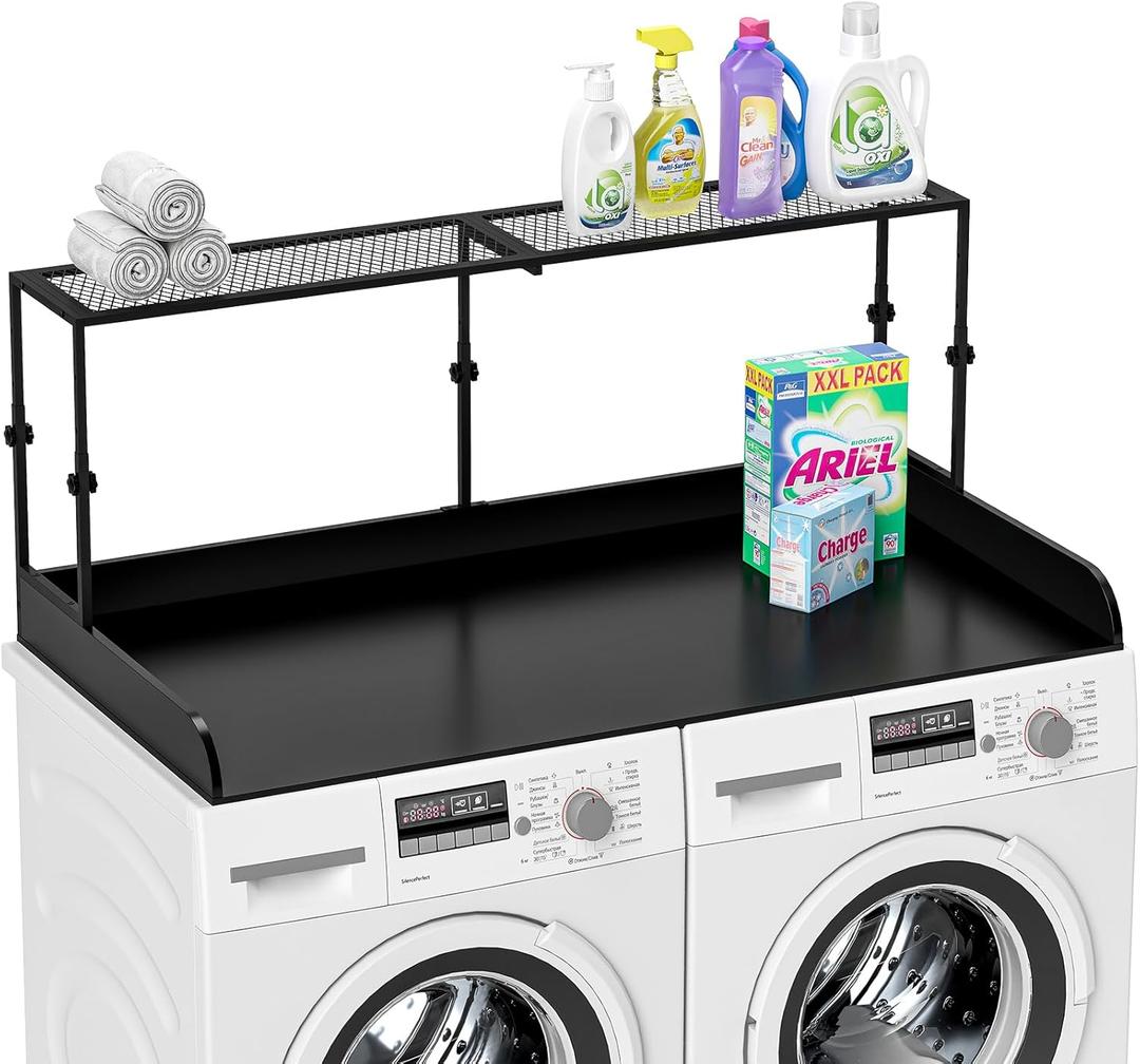 2-Tier Wooden Washer Dryer Countertop with Metal Storage Shelf, 54" x 27.55" Height Adjustable Washing Machine Topper Laundry Guards Laundry Table for Folding Clothes and Storage