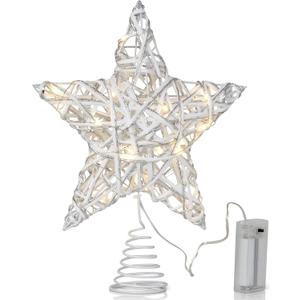 Ornativity Christmas Star Rattan Tree Topper  White and Silver Xmas Holiday Decor Rustic LED Lights Light Up Tree Top Topper Ornament Decoration 12"