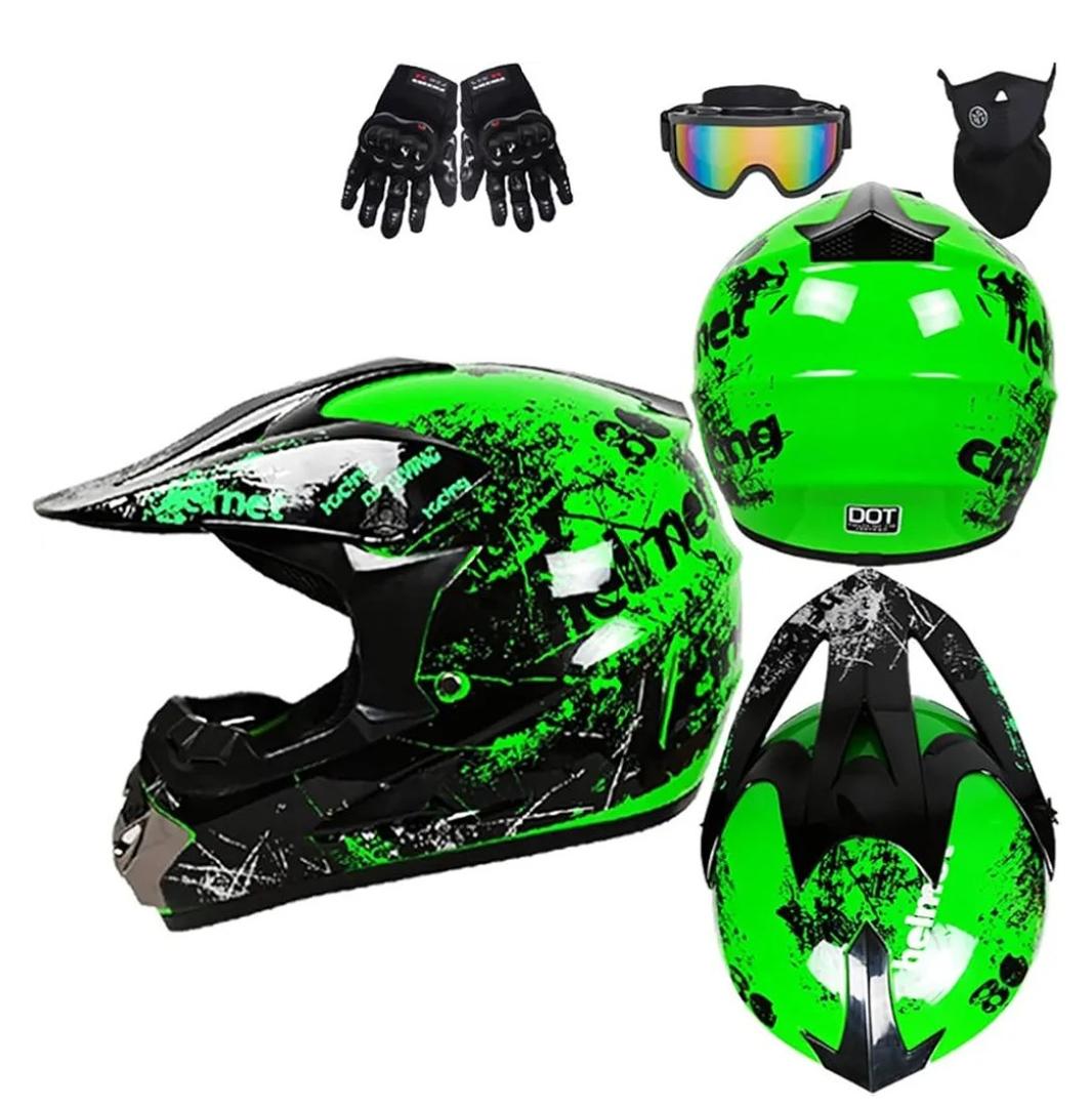 DOT Approved Adult Street Dirt Bike Motorcycle Helmet Downhill Full Face Off-Road Bike ATV Moped Racing Motocross Helmet Set with Goggles Gloves Mask for Youth Men Women Outdoor Riding