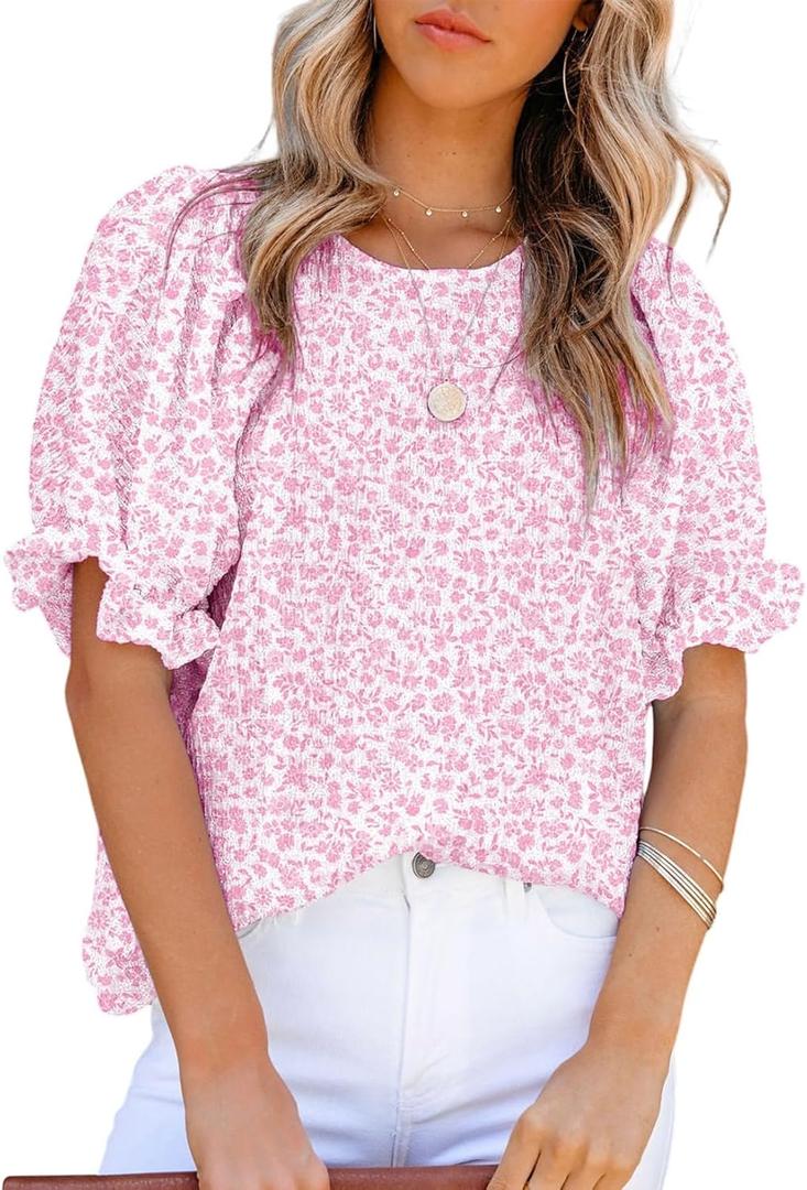 Dokotoo Floral Print Blouses for Women Crewneck Smocked Puff Sleeve Shirts Casual Babydoll Tops (Pink, XXL)