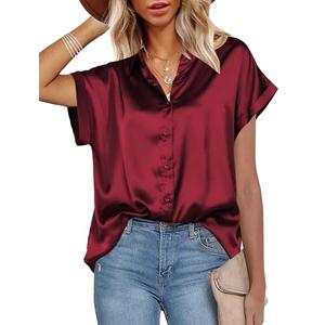 HOTOUCH Button Down Shirts for Women Casual Short Sleeve Silk Satin Blouse V-Neck Tunic Top Wind Red L