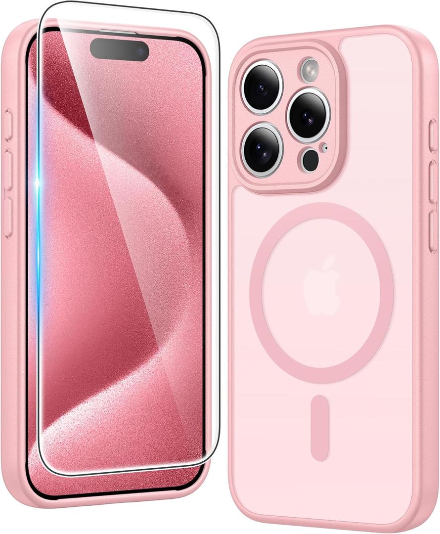 FNTCASE for iPhone 15 Pro Case: Matte Magnetic Phone Cases with Screen Protector Compatible with Magsafe Slim Anti Yellowing Rugged Shockproof Protective Translucent Cell Phone Cover (C-Pink)