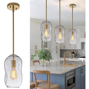Blown Glass Pendant Light Fixtures, Island Lights for Kitchen 3 Pack Modern Gold Bar Lights Hanging with 11.4in Height Clear Thick Organic Glass Shade for Dining Table Hallway,E26