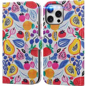 DEENAKIN for iPhone 15 Pro Max Wallet Case with Card Holder + Cash Clip, RFID-Blocking, Military-Grade Protection & UV-Printed Artwork, Magnetic Closure with Leather Kickstand - Playful Fruit Doodles
