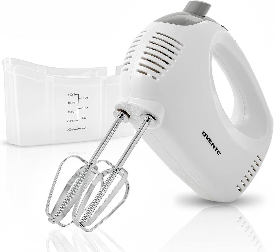 OVENTE 5-Speed Corded Electric Hand Mixer with Stainless Steel Whisks, Compact Portable Design with Snap-On Storage Case,150W Lightweight Handheld Mixer for Baking & Cooking, White HM151W