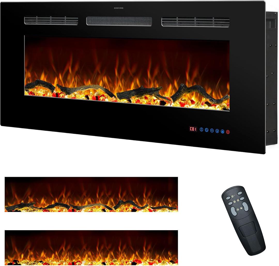 42 Inches Electric Fireplace Inserts, Recessed and Wall Mounted Fireplace Heater for Indoor Use with Remote Control, 13 Color Flames with Log &Crystal, 9H Timer, 750/1500W