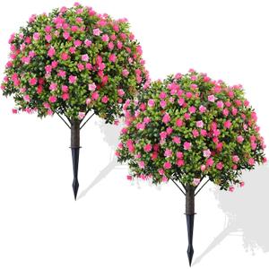 Artificial Topiary Trees with Pink Flowers, 2 Set of 27 Inches High,UV Resistance, Fake Flower with Ground Spike, Weather Resistant Garden Decor