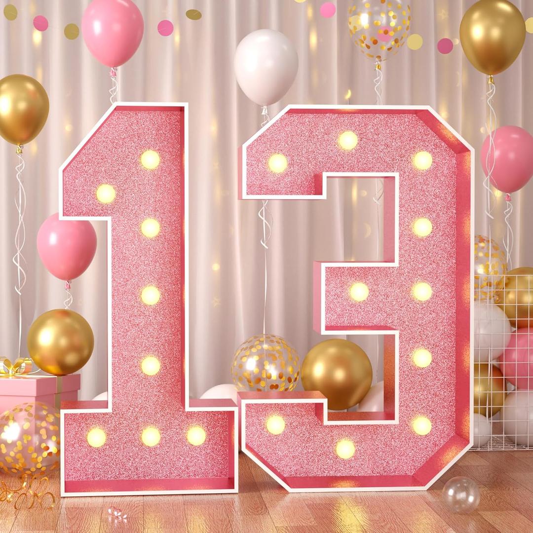 Paready 4FT Marquee 13 Numbers Rose Gold, Light Up Numbers 13 Pink 13th Birthday Decorations, Large Number 13 Light Up Foam Board for Girls 13th Birthday Party DIY Decorations Anniversary