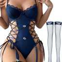 Lilosy Sexy Floral Lace Up Belt Garter Underwire Teddy Bodysuit Lingerie Set (Large, Heart Navy Blue)