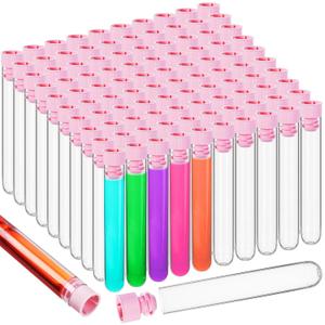 100 Pcs Plastic Test Tubes Clear 16 x 100mm Test Tube with Caps for Lab Plastic Vials Joint Container for Plants Beads Party Nurse Halloween Party Favors Decorations(Pink)
