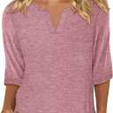 KISSMODA 3/4 Length Sleeve Shirts for Women Floral Business Shirts Tops Blouses Tops Loose Fit T-Shirts (Pink, XL)