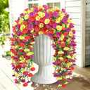 Artificial Hanging Flowers for Outdoors, 2 PCS 300 Blooms UV Resistant Morning Glory Faux Silk Vines, No-Odor Realistic Fake Plants for Garden Planter Porch Patio Decoration, Purple & Yellow & Red