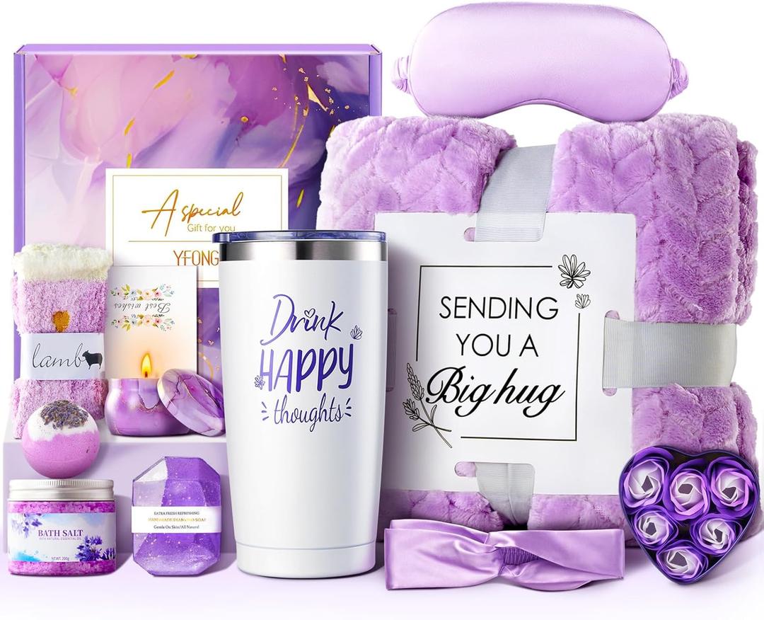 YFONG Christmas Gift for Women, 12PCS Get Well Gifts for Her, Spa Gift Basket for Mom, Wife, Girlfriend, Friends, Purple Happy Birthday Gifts Set, Thank You Gift Relaxing Self Care Gifts - Lavender (11PCS)
