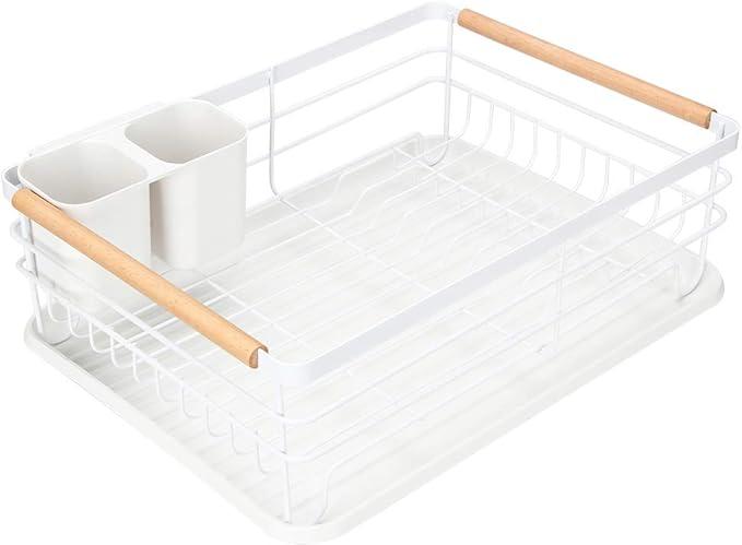 Modern Wood Handle Dish Rack and Drain Board, 16.5" x 12" x 5.5" Kitchen Plate Cup Dish Drying Rack Tray Cutlery Dish Drainer