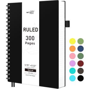 RETTACY Spiral College Ruled Notebook, 300 Pages, A5 Medium Size (5.7" x 8.2"), for School, Work, Writing, Journaling, 100 GSM Thick Paper, Flexible Plastic Cover (Black)