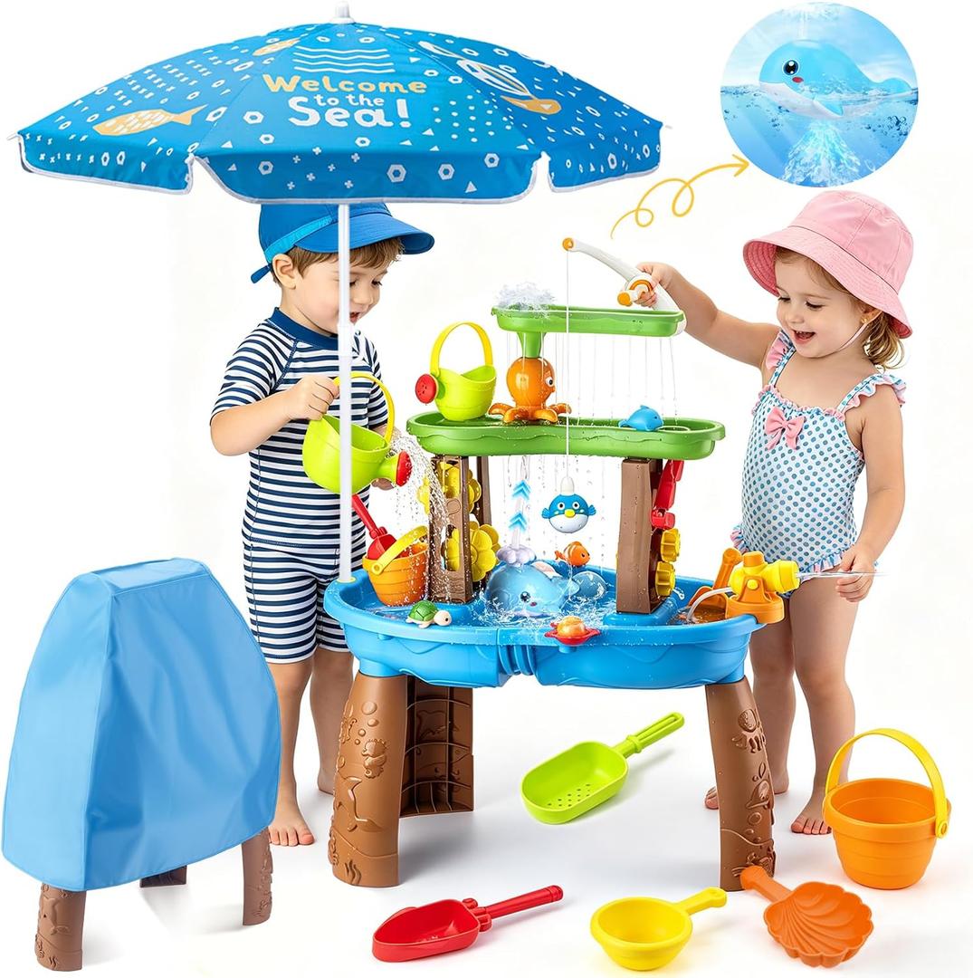 2026 Toddler Water Table with Umbrella & Fishing Game Set, Kids Outdoor Water Tables Toy with Auto Electric Pump Birthday Gift for 3-8 Years Old Kids Activity Sensory Playset for Boys Girls