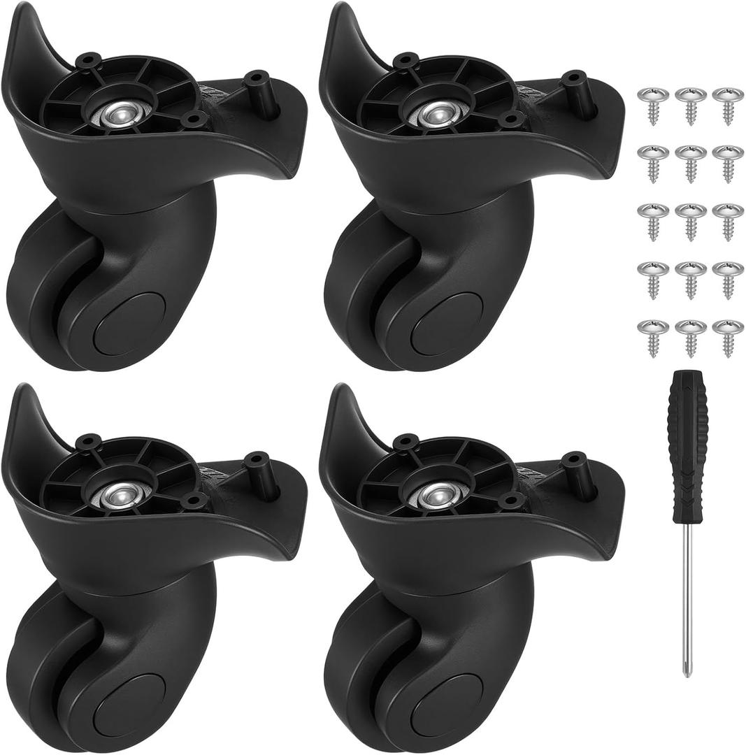 Kifmurase 4Pcs Luggage Wheels Replacement, Travel Suitcase Caster Repair Kits with Screw & Screwdriver, Plastic Left & Right Swivel for Luggage, Spinner Wheels Replacement Parts (Black)