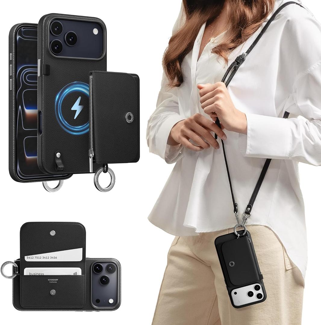MAGEASY Designed for Phone 17 Pro Max Wallet Case with Crossbody Strap - Compatible with MagSafe Detachable Coin Purse & Card Slot, Leather Crossbody Lanyard, 16ft Drop Protection | Pouch M (Black)