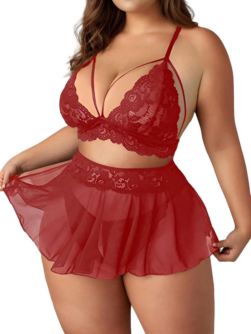 Plus Size 3-Piece Lingerie Babydoll for Women Lace Chemise Sleepwear (Red, XL)