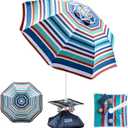 OutdoorMaster Beach Umbrellas with Sandbag & Anchor with 4 Cup Holder, 6.5ft Adjustable Umbrella for Beach Heavy Duty Wind, Portable UPF50+ Sunshade with Carry Bag for Patio, Blue Red with Cup Holder
