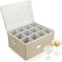 LotFancy Stemware Storage Container, Hard Shell, Large Wine Glass Storage Box for Moving, Stackable, Foldable, Crystal Glassware, Drinkware Case with Dividers & Handles, 21x15.5x10, Beige
