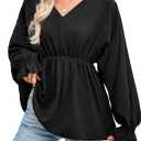 SweatyRocks Women's Bishop Long Sleeve V Neck Ruffled Chiffon Blouse Loose Babydoll Peplum Tops (S)