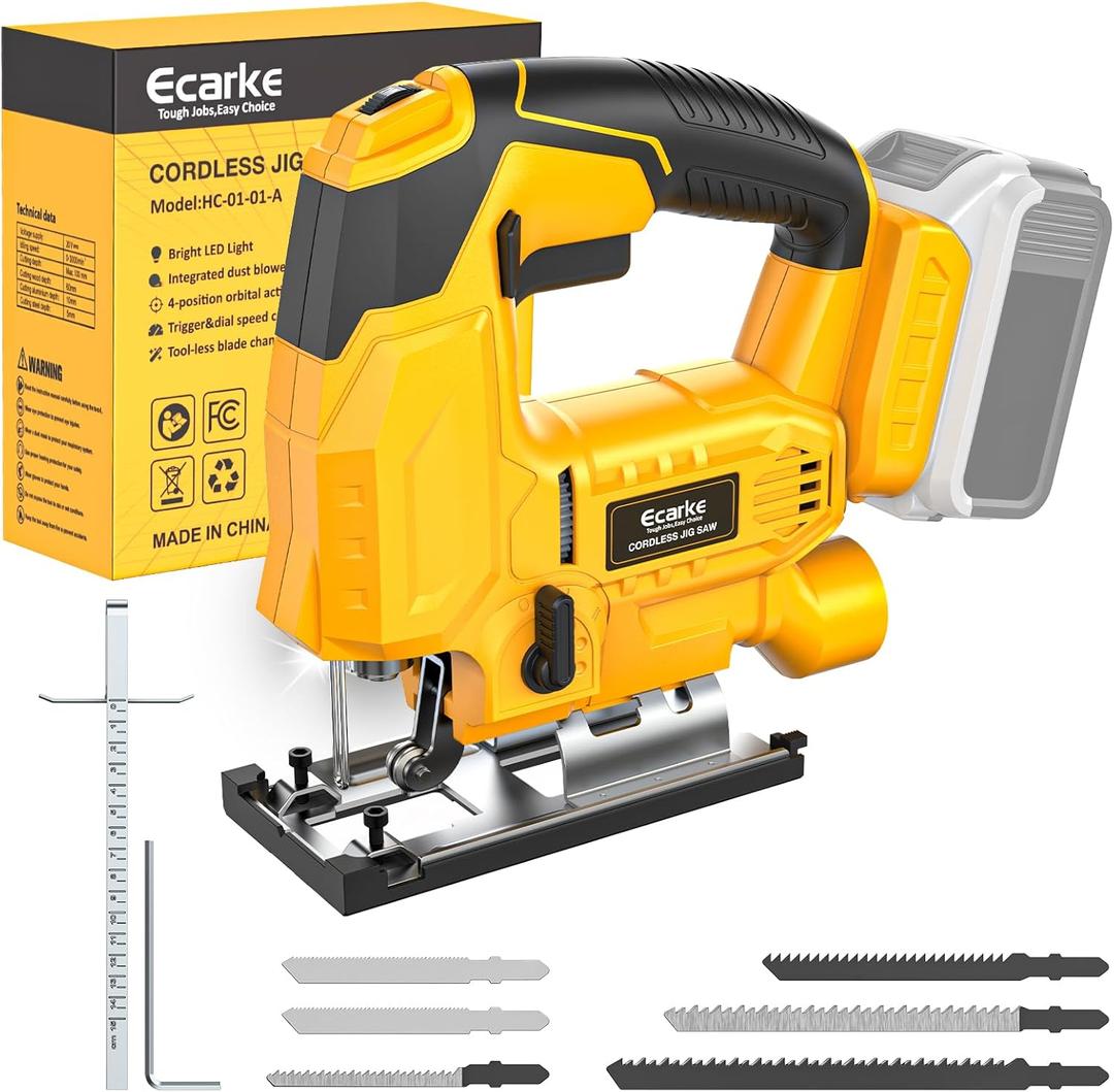 Ecarke Cordless Jig Saw Compatible With Dewalt 20V Max Battery (Only Tool), 4 Orbital Sets, 6 Speeds Dial Control, Dust-Blowing, 45 Bevel Cuts, LED Light and 6PCS Blades For Cutting