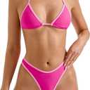 SUUKSESS Women Sexy Thong String 2 Piece Bikini Set Cheeky Halter Swimsuit (71 Pink Color Block)