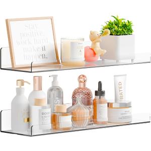 Yieach 2 Pack 15" Acrylic Shelves for Wall,Bathroom,Bedroom - with Adhesive - No Drilling Clear Floating Shelves for Funko Pop,Lego,Action Figures,Nail Polish,Perfume Shelf and Wall Storage & Display