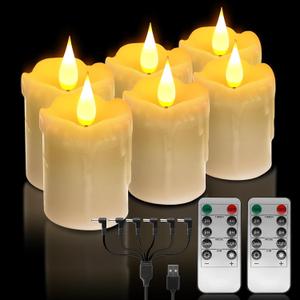 6 PCS Real Wax Rechargeable Flameless Warm White LED Candles,Remote Control,D2 x H4,Brightness Adjustable Flickering Battery Operated Tea Lights Candles with timer,for Christmas,Home,Halloween Decor