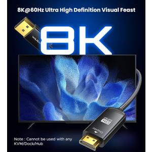 Warrky DisplayPort to HDMI Cable [8K@60Hz, 4K@240Hz, Nylon Braided, Black] 6FT Unidirectional DisplayPort 1.4 Source to HDMI 2.1 Display, DP to HDMI Compatible with PC, Dell, AMD, Lenovo, Monitor, HP