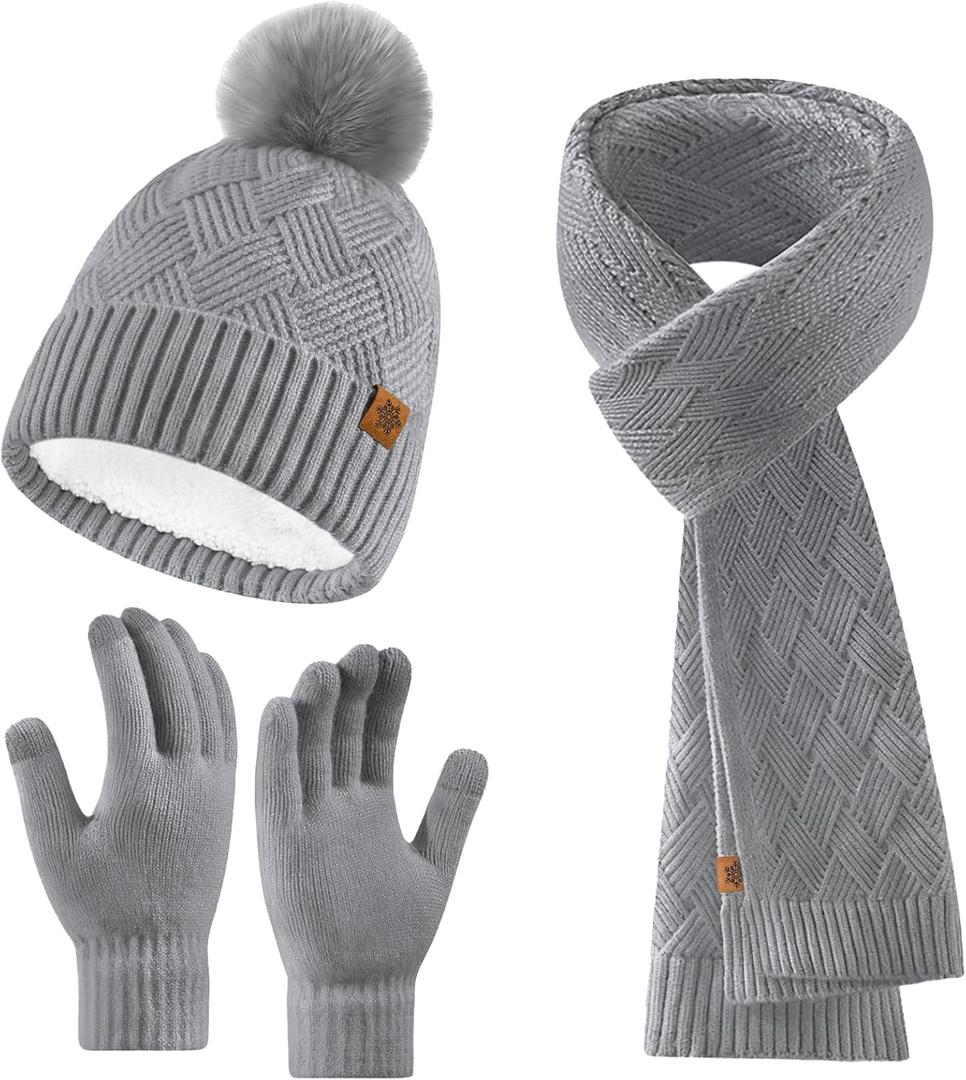 Winter Hats Scarf Gloves for women men,Winter Clothes Knitted Fleece Lined Beanie Thermal Gloves Long Scarf (Grey)