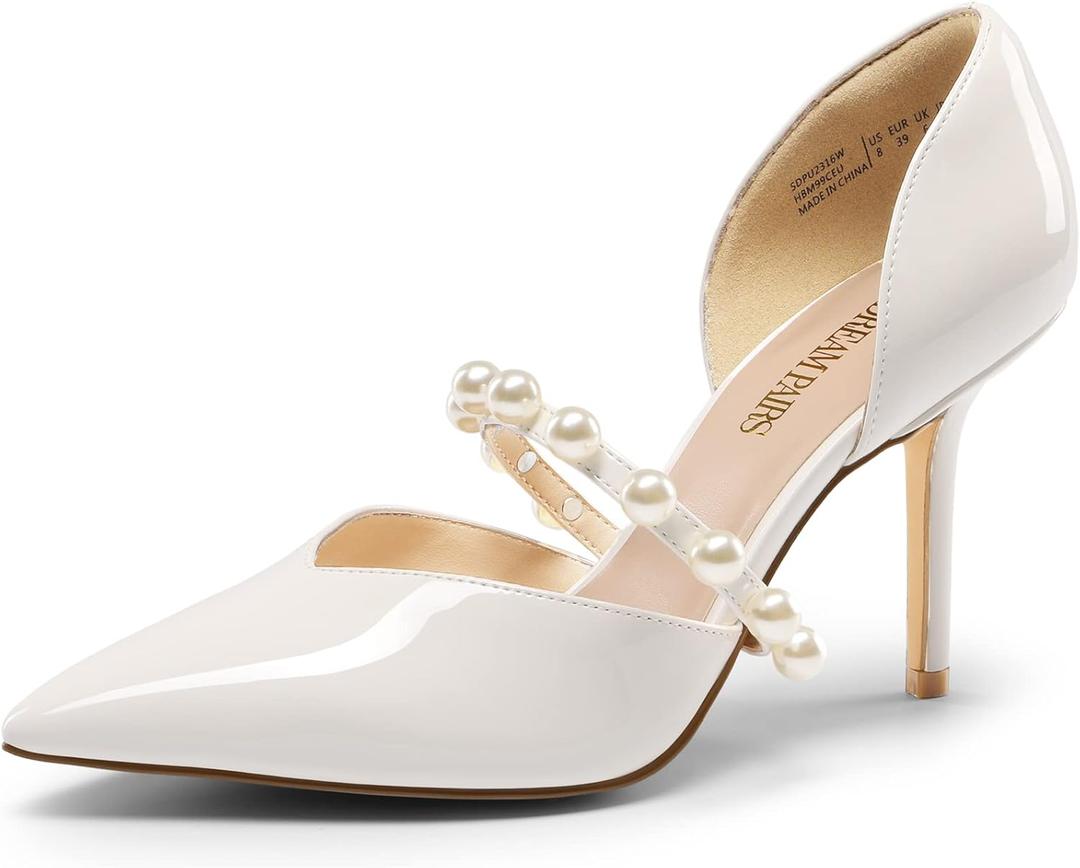 DREAM PAIRS Women's Closed Toe High Heels Stiletto Pointed Toe Strappy Pearl Elegant D'Orsay Dress Wedding Party Pumps Shoes (White) 8.5