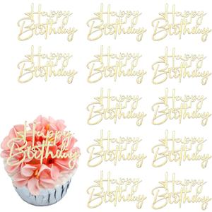 Happy Birthday Cupcake Toppers, Gold Mirror Acrylic Cake Decoration, 2.36 x 1.61 inches, 12 Pack (StyleB)
