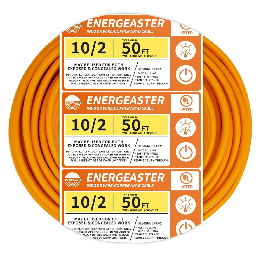 10/2 NM-B Wire, 10 Gauge 2 Conductor, 50FT Orange，With Ground, Indoor Electrical, Copper Wire, Non-Metallic Sheathed Cable