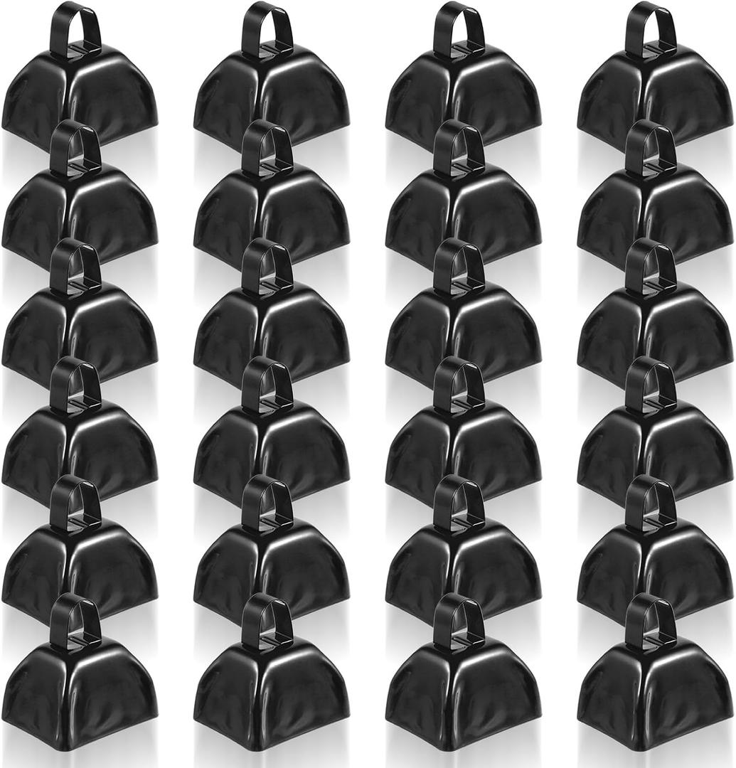 24 Pcs Metal Cowbell with Handle Cow Bells Noise Makers for Sporting Events Small Loud Noisemaker Cow Bell for Wedding Cheering Football Games, 3 x 2.8 x 2.5 Inch(Black)