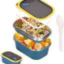 Niiyen Lunch Box 1200ml 2 Layers Food Lunch Containers with Spoon Portable Adult Bento Lunch Box Food Storage Bowl for School Office Outdoor Travel (Blue)
