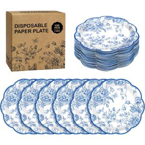 Kochorie 100 Pieces Blue Flower Paper Plates 7 Inches Disposable Floral Paper Plates Scalloped Blue Chinoiserie Vintage Flower Dessert Plate for Wedding Birthday Holiday Party Decor Supplies