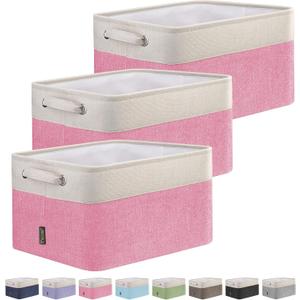 BALEINE 3 Pack Fabric Closet Storage Bins for Shelves, Linen Closet Organizers and Storage, Decorative Baskets for Organizing, Shelf, Clothes, Home, Office (Pink, 12"x8"x8")