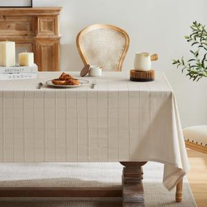 ZeeMart Linen Checked Table Cloth, Farmhouse Style Plaid Embroidered Neutral Tablecloth, Water Resistant Rectangle Table Cloth, Beige 60x84 Inches