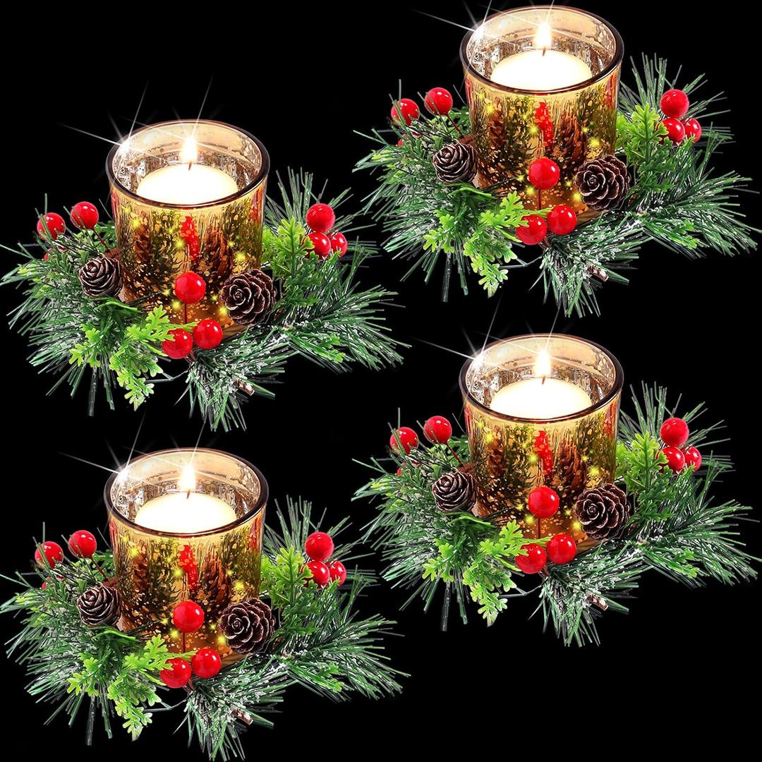 Skylety 4 Pack Christmas Votive Candle Holders with Candle Ring Wreath Christmas Table Centerpieces Glass Tealight Holder Wreath with Red Berry Pinecones for Xmas Decorations Wedding Holiday