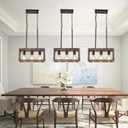 Farmhouse Light Fixtures,3-Light Dining Room Light Fixture,Industrial Metal Kitchen Pendant Lighting Over Island, Chandelier for Dining Table Kitchen Sink, Wood Grain Finish